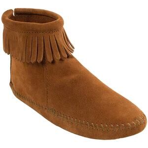 Minnetonka Women's 7.5 Tan Ankle Bootie Real Leather Fringe Southwestern LB14-6